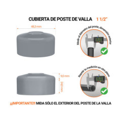 Tapa de poste redonda de 1 1/2" de diámetro exterior con dimensiones e instrucciones para su correcta medición