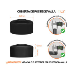 Tapa de poste redonda de 1 1/2" de diámetro exterior con dimensiones e instrucciones para su correcta medición