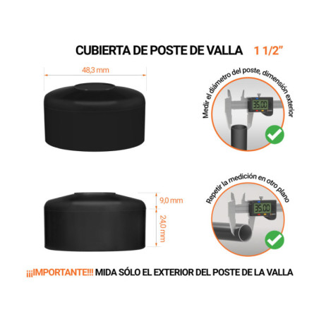 Tapa de poste redonda de 1 1/2" de diámetro exterior con dimensiones e instrucciones para su correcta medición