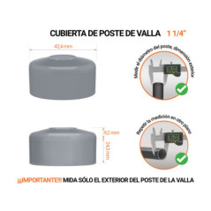 Tapa de poste redonda de 1 1/4" de diámetro exterior con dimensiones e instrucciones para su correcta medición