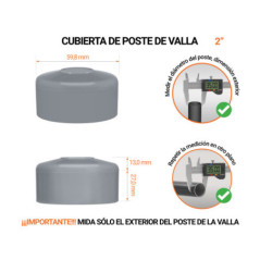 Tapa de poste redonda de 2" de diámetro exterior con dimensiones e instrucciones para su correcta medición