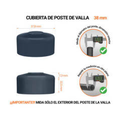 Tapa de poste redonda de 38 mm de diámetro exterior con dimensiones e instrucciones para su correcta medición