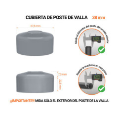 Tapa de poste redonda de 38 mm de diámetro exterior con dimensiones e instrucciones para su correcta medición