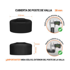 Tapa de poste redonda de 38 mm de diámetro exterior con dimensiones e instrucciones para su correcta medición