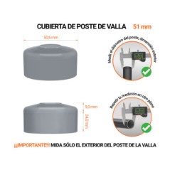 Tapa de poste redonda de 51 mm de diámetro exterior con dimensiones e instrucciones para su correcta medición