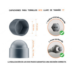 Tuerca de sombrerete de plástico para tornillo M10, tapa de tuerca M10 y llave de 17 mm en color Antracita con dimensiones y guía para la correcta medición del sombrerete de plástico.