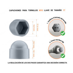 Tuerca de sombrerete de plástico para tornillo M10, tapa de tuerca M10 y llave de 17 mm en color Gris con dimensiones y guía para la correcta medición del sombrerete de plástico.