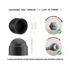 Tuerca de sombrerete de plástico para tornillo M10, tapa de tuerca M10 y llave de 17 mm en color Negro con dimensiones y guía para la correcta medición del sombrerete de plástico.