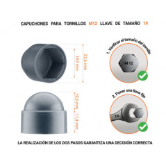 Tuerca de sombrerete de plástico para tornillo M12, tapa de tuerca M12 y llave de 19 mm en color Antracita con dimensiones y guía para la correcta medición del sombrerete de plástico.