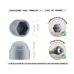 Tuerca de sombrerete de plástico para tornillo M12, tapa de tuerca M12 y llave de 19 mm en color Gris con dimensiones y guía para la correcta medición del sombrerete de plástico.