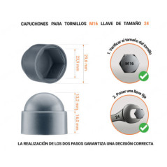 Tuerca de sombrerete de plástico para tornillo M16, tapa de tuerca M16 y llave de 24 mm en color Antracita con dimensiones y guía para la correcta medición del sombrerete de plástico.