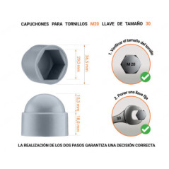 Tuerca de sombrerete de plástico para tornillo M20, tapa de tuerca M20 y llave de 30 mm en color Gris con dimensiones y guía para la correcta medición del sombrerete de plástico.