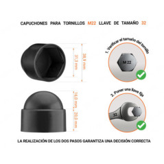 Tuerca de sombrerete de plástico para tornillo M22, tapa de tuerca M22 y llave de 32 mm en color Negro con dimensiones y guía para la correcta medición del sombrerete de plástico.