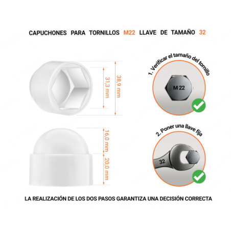 Tapones de tuerca M22 llave 32. Tapones de perno en color Blanco 10 piezas