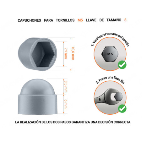 Tapones de tuerca M5 llave 8. Tapones de perno en color Gris 10 piezas