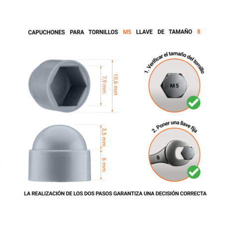 Tuerca de sombrerete de plástico para tornillo M5, tapa de tuerca M5 y llave de 8 mm en color Gris con dimensiones y guía para la correcta medición del sombrerete de plástico.