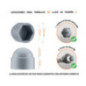 Tuerca de sombrerete de plástico para tornillo M5, tapa de tuerca M5 y llave de 8 mm en color Gris con dimensiones y guía para la correcta medición del sombrerete de plástico.