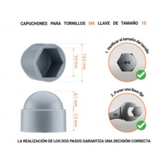 Tuerca de sombrerete de plástico para tornillo M6, tapa de tuerca M6 y llave de 10 mm en color Gris con dimensiones y guía para la correcta medición del sombrerete de plástico.