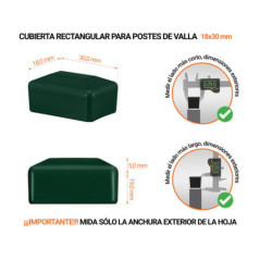 Tapa rectangular de plástico con un diámetro exterior de 30x18 mm con dimensiones e instrucciones para su correcta medición