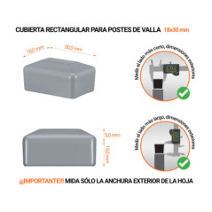 Tapa rectangular de plástico con un diámetro exterior de 30x18 mm con dimensiones e instrucciones para su correcta medición