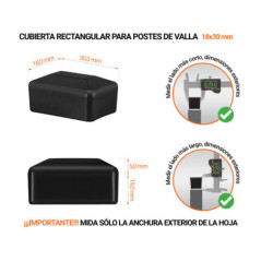 Tapa rectangular de plástico con un diámetro exterior de 30x18 mm con dimensiones e instrucciones para su correcta medición