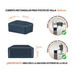 Tapa rectangular de plástico con un diámetro exterior de 30x20 mm con dimensiones e instrucciones para su correcta medición