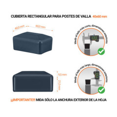 Tapa rectangular de plástico con un diámetro exterior de 60x40 mm con dimensiones e instrucciones para su correcta medición