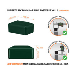 Tapa rectangular de plástico con un diámetro exterior de 60x40 mm con dimensiones e instrucciones para su correcta medición