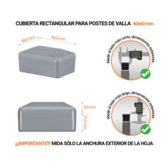 Tapa rectangular de plástico con un diámetro exterior de 60x40 mm con dimensiones e instrucciones para su correcta medición