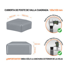 Tapones de plástico Gris para postes de valla cuadrados. Tapa de plástico para postes de 100x100 mm. Tabla de dimensiones y guía para la correcta medición de la tapa del poste de la cerca.