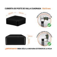 Tapones de plástico Negro para postes de valla cuadrados. Tapa de plástico para postes de 15x15 mm. Tabla de dimensiones y guía para la correcta medición de la tapa del poste de la cerca.