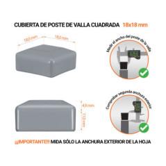 Tapones de plástico Gris para postes de valla cuadrados. Tapa de plástico para postes de 18x18 mm. Tabla de dimensiones y guía para la correcta medición de la tapa del poste de la cerca.