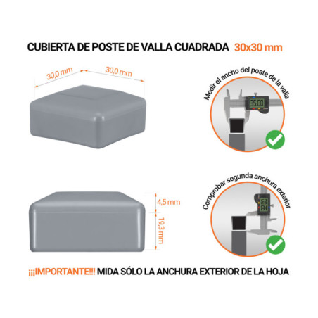 Cappucci per palo cuadrado 30x30 mm Gris 10 piezas Tapones de plástico Gris para postes de valla cuadrados. Tapa de plástico para postes de 30x30 mm. Tabla de dimensiones y guía para la correcta medición de la tapa del poste de la cerca.