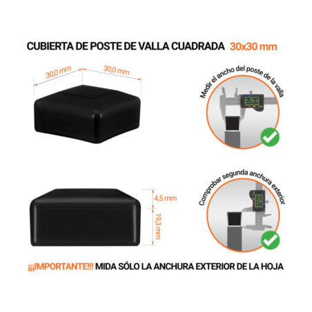 Cappucci per palo cuadrado 30x30 mm Negro 10 piezas Tapones de plástico Negro para postes de valla cuadrados. Tapa de plástico para postes de 30x30 mm. Tabla de dimensiones y guía para la correcta medición de la tapa del poste de la cerca.