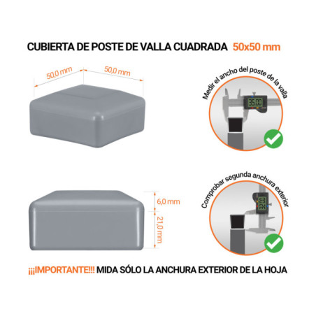 Cappucci per palo cuadrado 50x50 mm Gris 10 piezas Tapones de plástico Gris para postes de valla cuadrados. Tapa de plástico para postes de 50x50 mm. Tabla de dimensiones y guía para la correcta medición de la tapa del poste de la cerca.