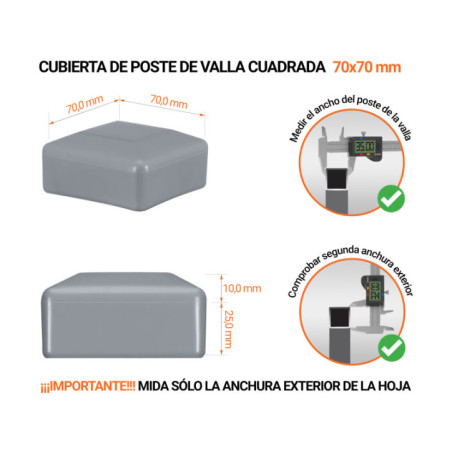 Cappucci per palo cuadrado 70x70 mm Gris 10 piezas Tapones de plástico Gris para postes de valla cuadrados. Tapa de plástico para postes de 70x70 mm. Tabla de dimensiones y guía para la correcta medición de la tapa del poste de la cerca.