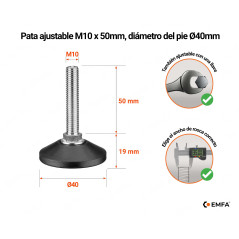 Pies niveladores M10 con tornillo, altura 50 mm y diámetro de la base Ø40