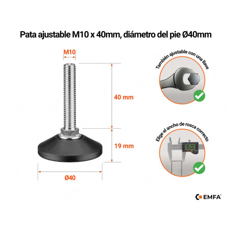 Pies niveladores M10 con tornillo, altura 40 mm y diámetro de la base Ø40