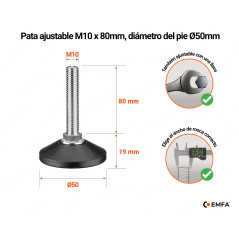 Pies niveladores M10 con tornillo, altura 80 mm y diámetro de la base Ø50