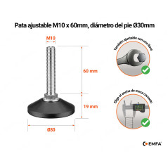 Pies niveladores M10 con tornillo, altura 60 mm y diámetro de la base Ø30