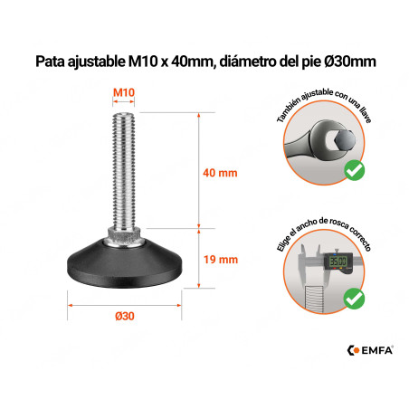 Pies niveladores M10 con tornillo, altura 40 mm y diámetro de la base Ø30