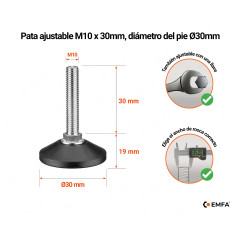 Pies niveladores M10 con tornillo, altura 30 mm y diámetro de la base Ø30