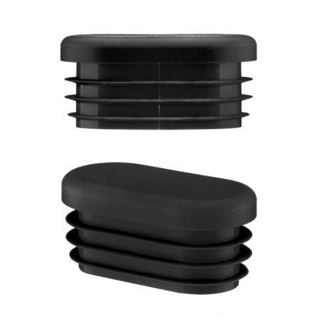 Tapones lamelares ovalados para tubos 60x30 mm negro 10 piezas Tapón ovalado de plástico 60x30 mm en negro, vista lateral y en ángulo con 3 láminas