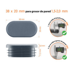  Dibujo técnico: Tapón ovalado 38x20 mm con grosor de pared 1,5-2,0 mm e instrucciones de medición con calibrador