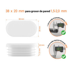  Dibujo técnico: Tapón ovalado 38x20 mm con grosor de pared 1,5-2,0 mm e instrucciones de medición con calibrador