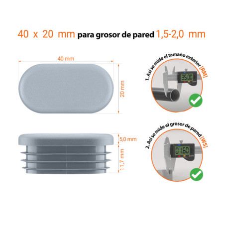 Tapones lamelares ovalados para tubos 40x20 mm gris 10 piezas Dibujo técnico: Tapón ovalado 40x20 mm con grosor de pared 1,5-2,0 mm e instrucciones de medición con calibrador