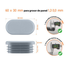  Dibujo técnico: Tapón ovalado 60x30 mm con grosor de pared 1,2-3,0 mm e instrucciones de medición con calibrador
