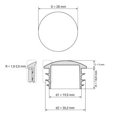 Tapón abombado para tubos redondos 28 mm Gris