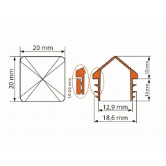 Tapón piramidal para tubos cuadrados de PE 20x20 Gris