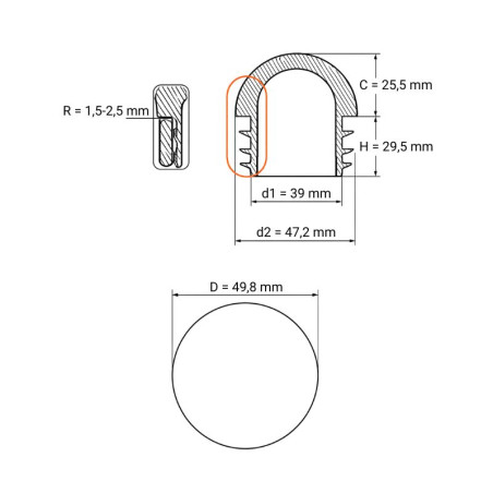 Tapón semiesférico para tubos redondos 49,8 contera semiesférica para tubo 49,8 EMFA GmbH